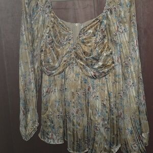 Mittoshop Floral Pleated Blouse in Gold and Blue